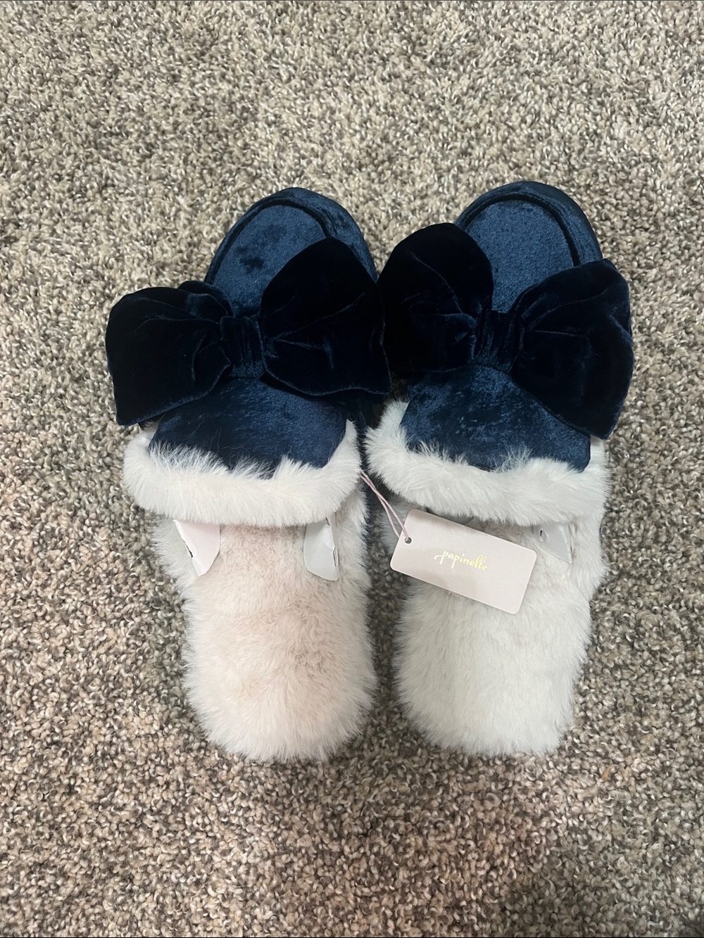 Papinelle Velvet Bow Faux Fur Slide Slippers in Navy and Cream